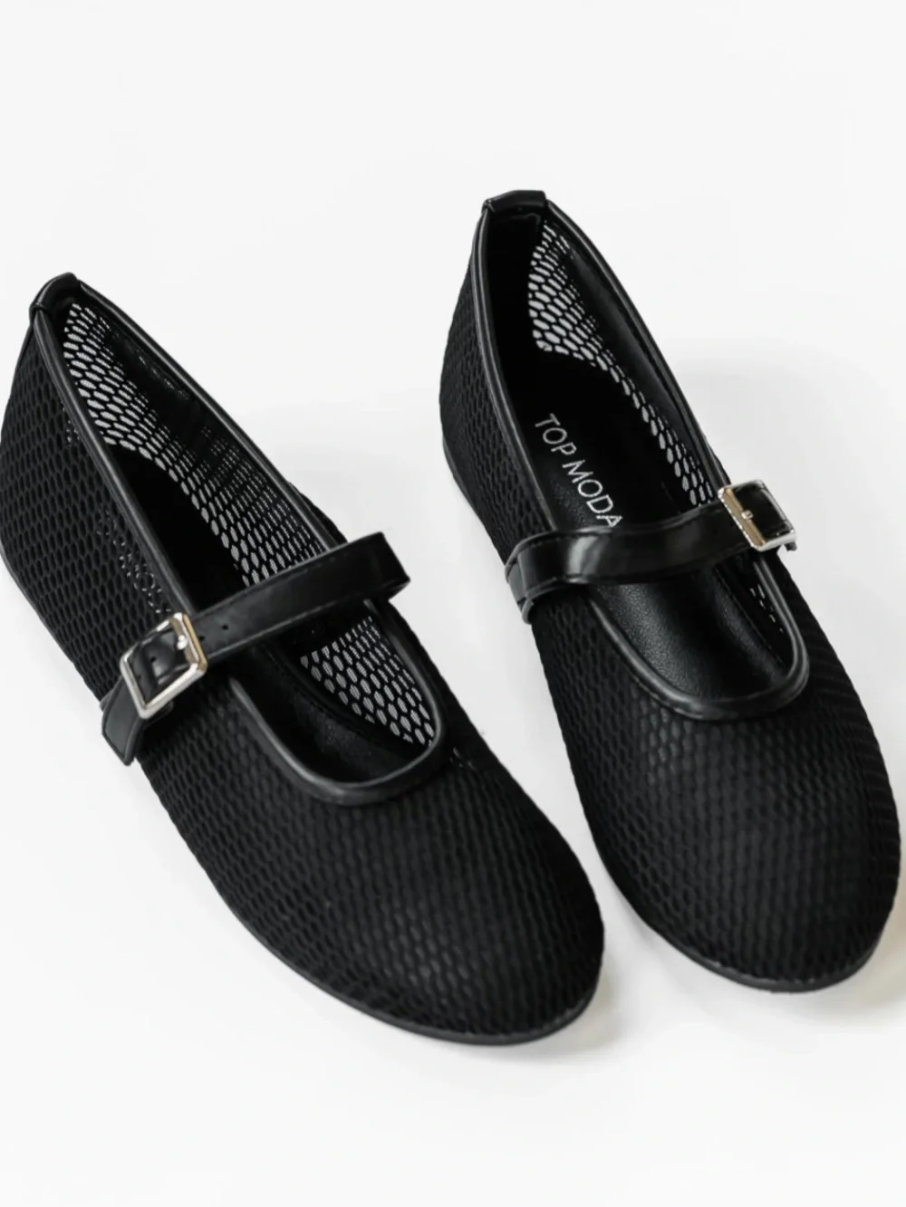 NWT Top Moda black mesh ballet flats Mary Jane buckle round toe